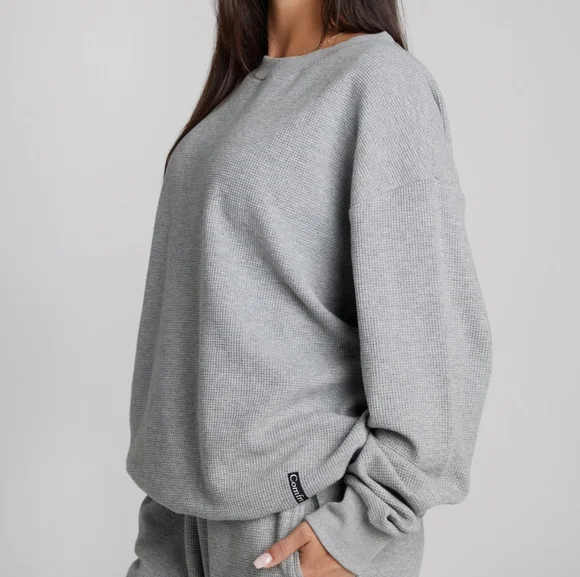 🤑PRICE FIRM🥰 NIP!❤️ COMFRT WAFFLE LOUNGE CREW LONG SLEEVE TOP Light Gray M - Picture 3 of 6